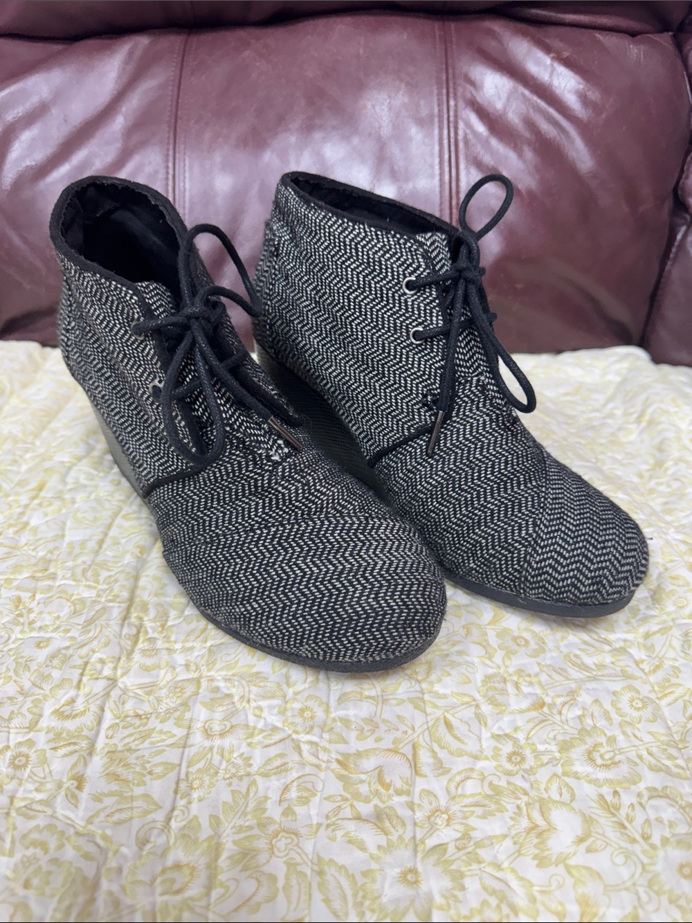 Toms Black and White Herringbone Lace-Up Ankle Boots
